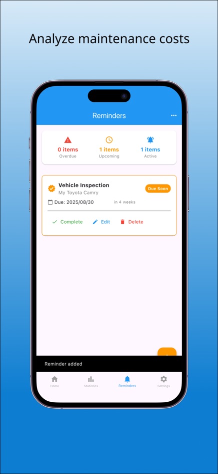 CarLog Reminders screen with overdue, upcoming and active counts and a Vehicle Inspection reminder marked Due Soon