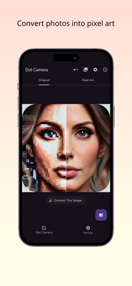 Dotcam screen showing a portrait photo half converted into blocky pixel art, with Original and Pixel Art tabs and a Convert This Image button