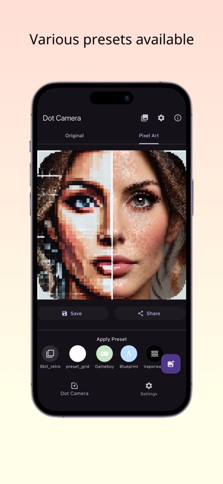 Dotcam Pixel Art tab showing a portrait in pixel art with an Apply Preset row offering 8bit_retro, preset_grid, Gameboy, Blueprint and Vaporwave