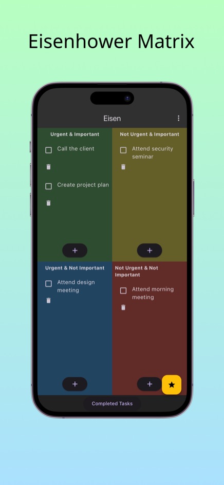 Eisen showing four colored quadrants with example tasks such as Call the client, Create project plan, Attend security seminar and Attend design meeting