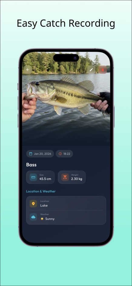 Fishing Log catch record showing a bass photo with size 45.5 cm, weight 2.30 kg, location Lake and weather Sunny