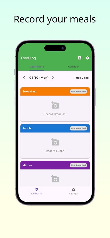 Foodlog Meal Record screen with breakfast, lunch and dinner cards and a daily calorie total at the top