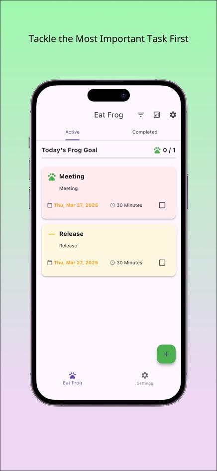 Frog app Active tab showing Today's Frog Goal at 0 of 1, with a high-priority Meeting task marked with a frog icon above a lower-priority Release task