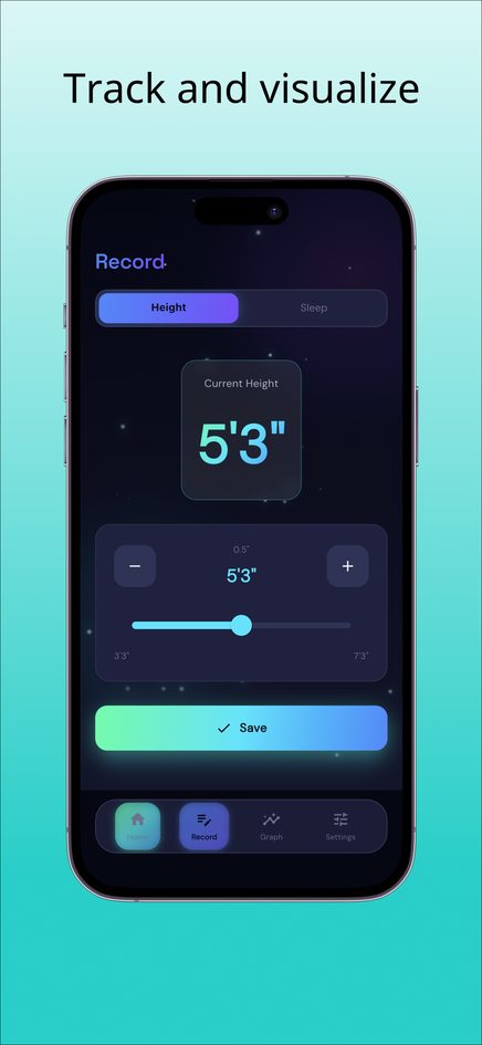 GROW record screen with Height selected, a current height display and a slider to enter a new height, with a Save button