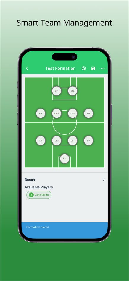 KickOff formation screen showing a pitch with positions laid out and a bench with available players below