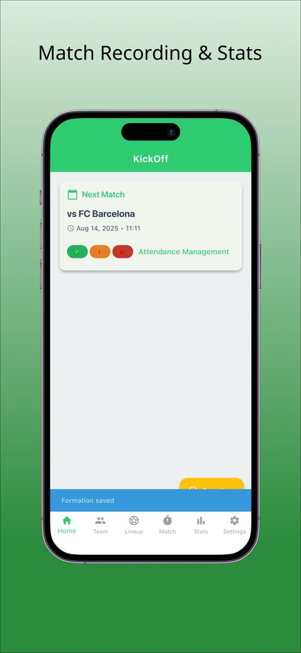 KickOff home screen showing the next match against an opponent with attendance counts and an Attendance Management link