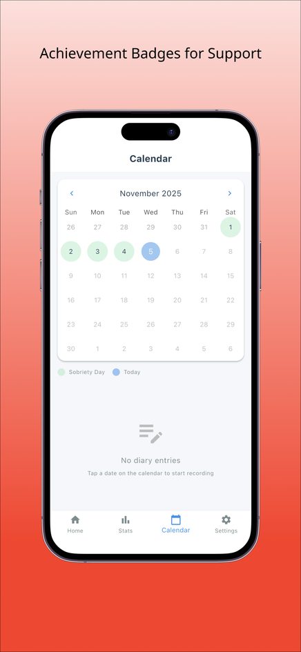 NoAlco calendar screen with alcohol-free days highlighted in green and an empty diary area below