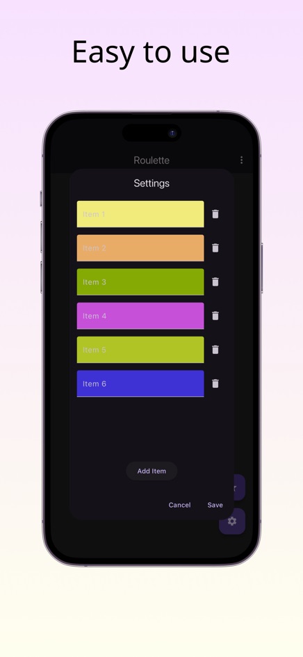 Roulette item editor with six coloured item fields, delete icons, an Add Item button and Cancel and Save buttons