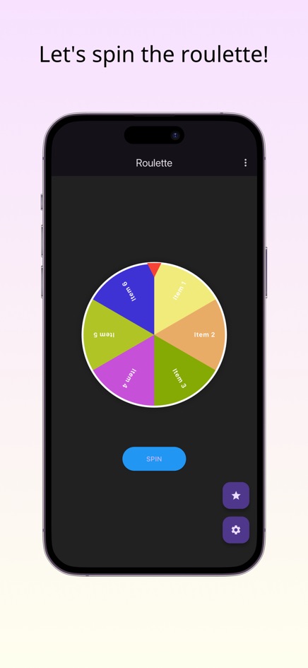 Roulette app showing a colourful six-slice wheel with a pointer at the top and a SPIN button below