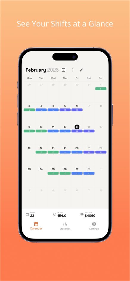 Shift Calendar month view with colour-coded early, late and night shift labels and a summary bar showing days, hours and income