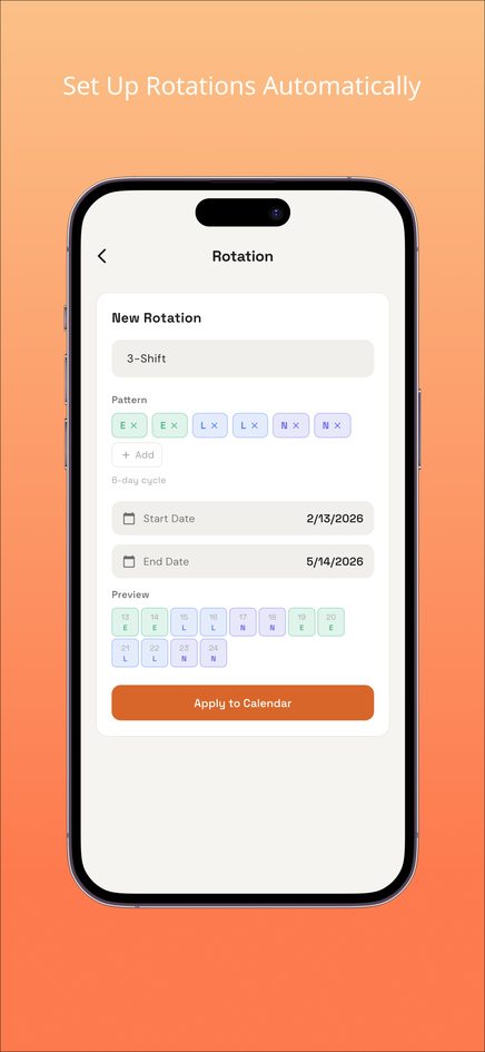 Shift Calendar rotation screen with a 6-day pattern of early, late and night shifts, start and end dates, a preview and an Apply to Calendar button