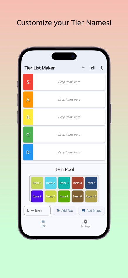 Tier List Maker screen with coloured S, A, B, C and D tier rows above an Item Pool, illustrating customizable tier names