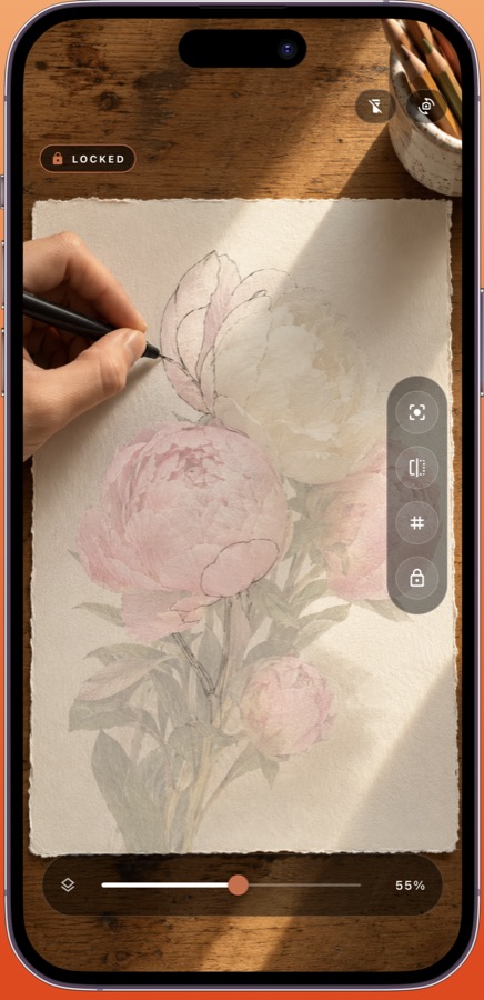 Tracely in locked mode with a photo of peonies over paper and a hand tracing the outline