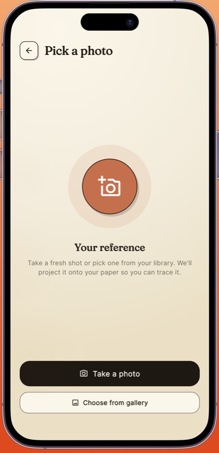 Tracely's Pick a photo screen with Take a photo and Choose from gallery buttons