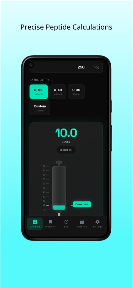 VialCalc showing a result of 10.0 units and 0.100 ml with the U-100 syringe type selected and the fill line marked at 10