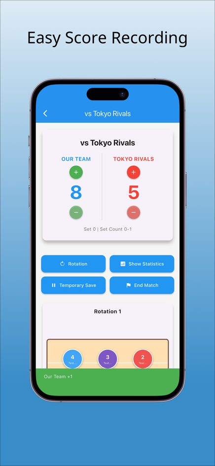 Voly match screen showing our team 8, opponent 5, with Rotation, Show Statistics, Temporary Save and End Match buttons above a court diagram